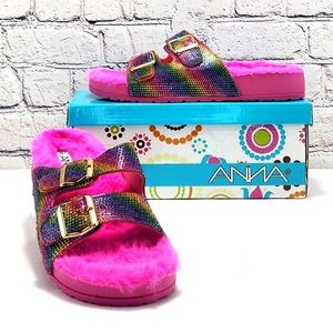 ANNA – NWB, sandals, furry, rhinestone, rainbow, size 8